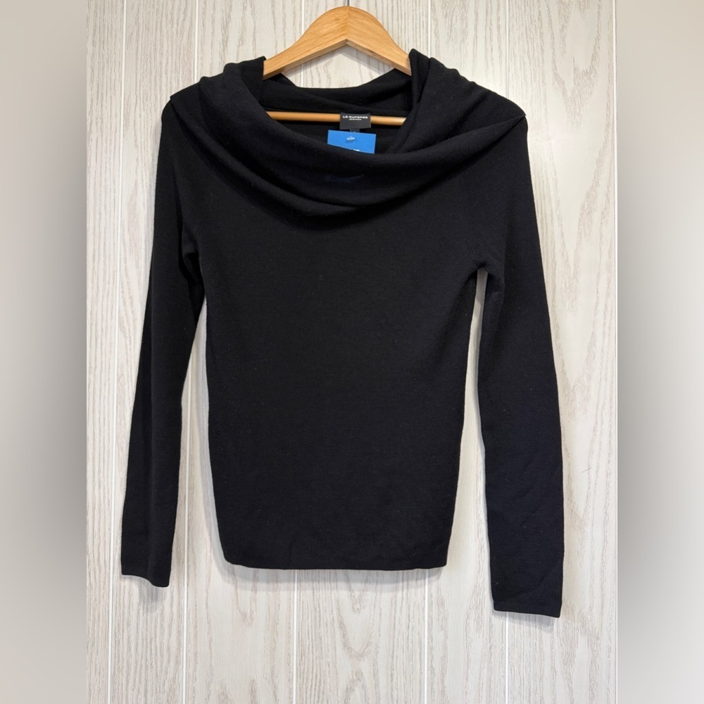 Le Superbe Size L Black Merino Wool Cowl Neck Sweater NWT